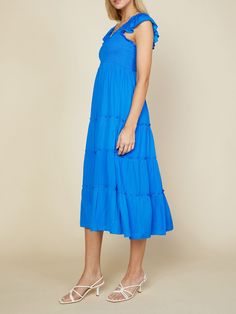 Skies Are Blue: Flutter Sleeve Smocked Bodice Midi Dress - Vivid Blue This breezy, lush midi dress is just what you've been waiting for. Featured with a stunning square neckline, smocked bodice, flutter sleeves, a tiered skirt, and the most flattering midi length. With the smocked bodice hugging the silhouette just right, you're sure to love the fit of this style. Be the best dressed to your next event or night out in this vivid blue midi dress. vivid blue smocked bodice square neckline tiered s Tiered Midi Dress, Mid Dresses, Flowy Skirt, Blue Midi Dress, Tier Skirt, Tiered Skirt, Tiered Dress, Flutter Sleeves, Dress 100