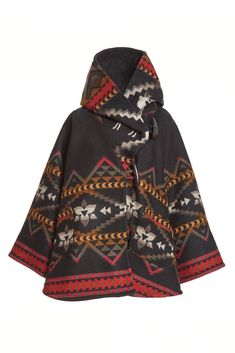 Most Orders Ship within 1-2 Business Days Fully lined bell-shaped hooded cloak with welt patch pockets and three toggle closure. Valentine is 5'11" and wears size OS. Unnapped Pendleton blankets: 82% Wool, 18% Cotton. Wool Cashmere facings and Silk Rayon peachskin lining. Lost Trail Pass traverses the border of Idaho and Montana, high in the Bitterroot Mountains. It was near here that the Lewis and Clark Corps of Discovery crossed into the Bitterroot Valley in September 1905, after successfully Hooded Fall Poncho With Pockets, Fall Hooded Poncho With Pockets, Black Bohemian Outerwear For Outdoor, Hooded Poncho With Pockets For Fall, Bohemian Black Hooded Outerwear, Lindsey Thornburg, Pendleton Blankets, Pendleton Blanket, Sweat Dress