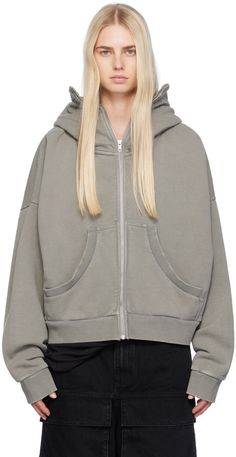 Enzyme-washed brushed 510 gsm organic cotton fleece hoodie. · Zip closure extends to hood · Patch pockets · Rib knit hem and cuffs · Dropped shoulders Supplier color: Rhino Fall Athleisure Washed Hoodie, Winter Athleisure Washed Hoodie, Winter Cotton Washed Sweats, Winter Washed Cotton Sweats, Entire Studios, Hoodie Zip, Oversized Silhouette, Cotton Fleece, Full Zip Hoodie