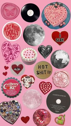 various valentine's day stickers on a pink background