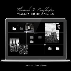 a black and white image of a laptop with the words wallpaper organizer on it