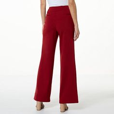 DG2 by Diane Gilman Ponte Knit Pintuck Pull-On Wide-Leg Pant  Have you ever based your entire outfit on a single item of clothing? Because these tailored pull-on pants are totally that item. Made with a little stretch, they’re comfy for all-day wear, but what’s more is that they’re perfectly polished for a put-together look all thanks to the wide, trouser-style legs and pintuck seams. Burgundy Bottoms For Fall Workwear, Red Wide Leg Bottoms For Business Casual, Red Business Casual Bottoms For Fall, Classic Red Bottoms For Fall, Classic Red Bottoms For Winter, Red Pants For Workwear, Casual Red Dress Pants For Work, Red Fitted Dress Pants For Fall, Fitted Red Dress Pants For Fall