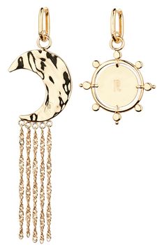 A molten crescent moon with cascading chains pairs with a crystal-haloed sun date medal in these mismatched drop earrings sure to spark celestial intrigue. Hinge with snap-post closure Goldtone plate/crystal Made in Italy Elegant Moon Phase Dangle Jewelry, Yellow Gold Moon Charm Drop Earrings, Celestial Jewelry With Dangling Charms, Celestial Sun And Moon Dangle Jewelry, Celestial Moon Charm Drop Earrings, Celestial Moon-shaped Matching Earrings Jewelry, Celestial Moon-shaped Matching Earrings, Celestial Jewelry With Dangling Charms In Sterling Silver, Celestial Sterling Silver Jewelry With Dangling Charms