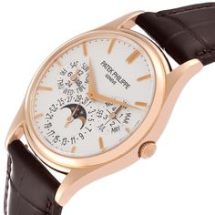 Patek Philippe Complications Perpetual Calendar Rose Gold Mens Watch 5140R. Automatic movement. Rhodium plated, fausses cotes decoration, straight-line lever escapement, Gyromax balance adjusted to heat, cold, isochronism and 5 positions, shock absorber, free-sprung self-compensating flat balance spring, 22K gold micro-rotor. 18K rose gold case 37.2 mm in diameter. Transparent exhibition sapphire crystal caseback. . Scratch resistant sapphire crystal. Silver dial with raised rose gold baton hour Modern Rose Gold Chronograph Watch For Formal Occasions, Timeless Rose Gold Chronograph Watch With Chronometer, Formal Rose Gold Chronograph Watch With Subdials, Classic Rose Gold Analog Chronograph Watch, Classic Rose Gold Chronograph Watch, Brown Anniversary Watches With Subdials, Anniversary Brown Watches With Subdials, Rose Gold Analog Watch For Formal Occasions, Luxury Chronometer Watch With Round Dial