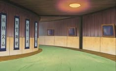 an empty room with multiple doors and windows on the wall, in front of a green floor