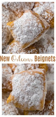 two pictures of pastries with powdered sugar on top and new orleans beginners written below