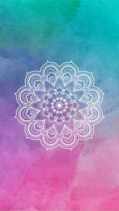 a blue and pink watercolor background with a white flower on the top of it