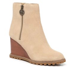 The Evelyn Wedge Bootie From Michael Michael Kors Lifts Cool Weather Looks With Tailored Appeal. This Ankle Boot Features A Flashy Outside Zipper With A Logo Accent And A Rugged Lug Sole For A Touch Of Edge Beige Suede Color Inside Zipper Closure Round Toe Textile Lining Padded Footbed Approx. 4.5" Shaft Height Approx. 9" Leg Opening 3.25" Stacked Wedge Heel Color :Beige Suede Nwt Suede Platform Wedge Sneakers, Wedge Bootie, Michael Kors Shoes, Lug Sole, Wedge Heels, Bootie, Bootie Boots, Ankle Boot, Ankle Boots