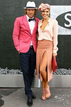 Melbourne Cup couple in pink and peach Via Fashionfile.com.au Kentucky Derby Party Attire, Race Fashion, Melbourne Cup Fashion, Race Day Fashion, Spring Racing Carnival, Racing Fashion, Derby Fashion, Spring Carnival, Race Day Outfits