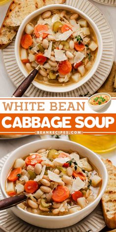 Yummy comfort food in just one pot! Creamy and full of vegetables, this White Bean Cabbage Soup is a delicious, hearty dinner recipe. Have a bowl of this homemade soup tonight! Vegan option included! White Bean Cabbage Soup, Cabbage Bean Soup, Cabbage And Bean Soup, Bean Cabbage Soup, Soup Ideas For Dinner, Bean Dinner, Winter Herbs, Ideas For Dinner Tonight