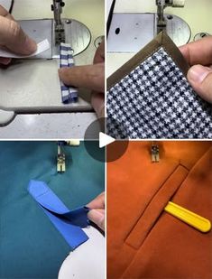 four different pictures showing how to sew with scissors and sewing machine, including the process