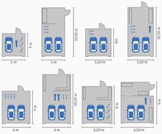 four parking spaces are shown in blue and white, with the measurements for each car