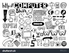 hand drawn doodle style computer icons and symbols in black and white, on a white background