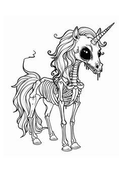 a skeleton unicorn with long hair and horns