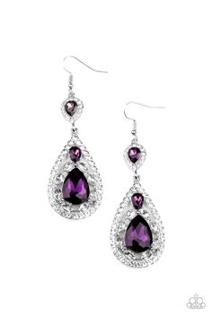 Three teardrop purple rhinestones adorn white rhinestone encrusted silver frames that link into an elegant teardrop lure for a flawless fashion. Earring attaches to a standard fishhook fitting. Sold as one pair of earrings. 2/4/21 Dainty Band, Silver Frames, Purple Earrings, Purple Rhinestone, Paparazzi Accessories, White Rhinestone, Paparazzi Jewelry, Affordable Jewelry, Pink Stone