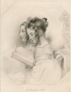 an old drawing of two women looking at a book