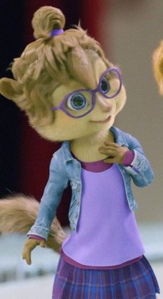 a stuffed animal wearing glasses and a purple dress