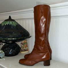 In Good Condition With Minimal Wear. Classic Vintage Brown Boots, Vintage Boots With Leather Sole And Square Toe, Retro Pointed Toe Boots, Vintage Boots With Block Heel For Spring, Vintage Block Heel Boots For Spring, Retro Vintage Brown Boots For Fall, Vintage Low Heel Fitted Boots, Vintage Fitted Boots With Low Heel, Vintage Fitted Low Heel Boots