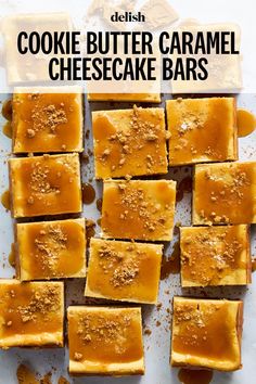 cookie butter caramel cheesecake bars on a baking sheet with text overlay that reads, cookies butter caramel cheesecake bars