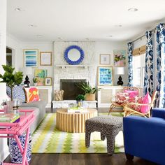 a living room filled with furniture and a fire place in the middle of a room