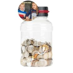 a jar filled with lots of coins and a photo on the lid that says math fun