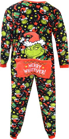 Time to feel Grinchy! This union suit style pajama for men features the much loved Grinch Who Stole Christmas on a black micro plush background with Christmas presents and stockings. There is even a drop seat that says 'Merry Whatever'. Machine washable and easy care. Merry Whatever, Pajama For Men, Dr Seuss Grinch, Pig Girl, Sesame Street Muppets, Betty Boop Classic, Grinch Who Stole Christmas, Plus Size Robes, Cartoon Costumes