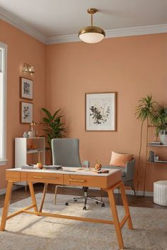 an office with orange walls and furniture in the corner, along with potted plants