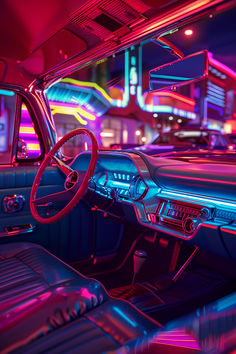 the interior of an old car with neon lights