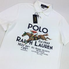 Polo Ralph Lauren Men VTG Horse Riding Graphic Mesh Polo Shirt White An American style standard since 1972, the Polo shirt has been imitated, but never matched. Over the decades, Ralph Lauren has reimagined his signature style in a wide array of colors and fits, yet all retain the quality and attention to detail of the iconic original. Polo Ralph Lauren's relaxed version features a poster-style equestrian graphic. 100% Cotton Classic Fit: Polo Ralph Lauren's roomiest version Ribbed Polo collar Imported Short sleeves with ribbed armbands Tennis tail Two-button placket Cut for a lower armhole and a fuller sleeve that falls closer to the elbow "Polo Ralph Lauren R.L. Riding Academy" graphic printed at the center front Machine washable Approximated lying flat down measurement Medium Shoulder: Horse Riding Equestrian, Polo Design, Polo Shirt White, Hunting Clothes, Graphic Apparel, Fashion Poster, Polo Collar, Polo Ralph Lauren Mens, Boys T Shirts