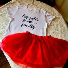 Size (Med) “Big Sister Finally” With A Fun Red Tutu!! Never Used. Great Condition. Any Questions, Please Feel Free Winter Big Sister Announcement, Valentine’s Day Big Sister Announcement, Christmas T-shirts Big Sister, Big Sister Finally Shirt, Bigger Sister Big Sister Shirts, Red Tutu, Sister Shirt, Big Sister Shirt, Baby Announcements