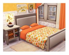 the bedroom is decorated in orange and gray