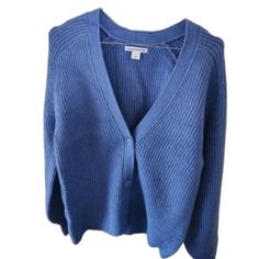 New In Bag Blue Ribbed Knit Outerwear, Classic Blue Cardigan For Everyday Wear, Casual Blue Ribbed Cardigan, Casual Blue Everyday Cardigan, Casual Blue Cardigan For Everyday, Blue Sweater With Button Closure For Layering, Light Grey Cardigan, Knee Length Sweater, Peach Cardigan