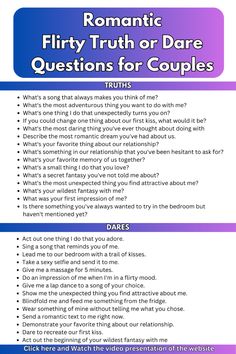 Romantic Flirty Truth or Dare Questions for Couples Good Dare Questions, Romantic Questions For Couples, Boyfriend Questions, Truth Or Truth Questions, Truth Or Dare Games, Couples Stuff