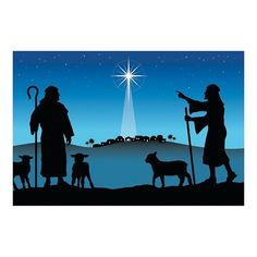 the nativity scene is depicted with silhouettes of people, animals and a star in the sky