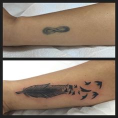 two different tattoos on one arm and another with an arrow in the middle, both have birds flying around them