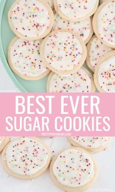 the best ever sugar cookies with white frosting and sprinkles on top