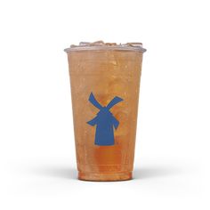 a plastic cup with an image of a windmill on the side and ice in it