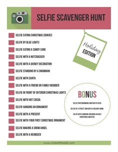 the selfie scavenger hunt for christmas is shown in pink and green colors