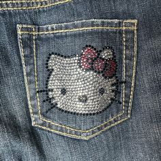 New With Tags Hello Kitty Charla Rhinestone Denim Jeans Size 9/10 32” Inseam 8 Inch Front Rise Waist 15” Across When Laid Flat Cute Designs To Paint On Jeans, Bling Clothes Diy, Rhinestone Clothing Designs, Cheap Cute Hello Kitty Pants, Embroiderd Jeans, Bedazzle Jeans, Rhinestone Clothes Diy, Hello Kitty Pants Jeans, Hello Kitty Flared Jeans