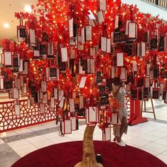 a red christmas tree with lots of cards attached to it