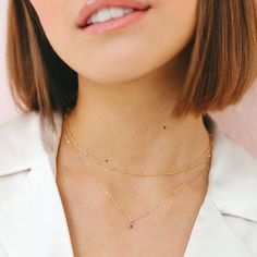 "Our dainty 14kt gold filled birthstone necklace features a tiny cubic zirconia in your choice of colored stone. These dainty birthstone necklaces are the perfect gift for a friend, sister, new mom or just for you! All items come gift boxed in our signature packaging. Ready to gift or treat yourself to a fun un-boxing moment. ♡ DETAILS: - 14kt gold filled chain and charm - won't tarnish or turn, water-proof - choose length at checkout - model wearing this 17\" layered with our satellite choker: https://etsy.me/3BxbYdA January Birthstone: Garnet February Birthstone: Amethyst March Birthstone: Aquamarine April Birthstone: Diamond May Birthstone: Emerald June Birthstone: Alexandrite July Birthstone: Ruby August Birthstone: Peridot September Birthstone: Sapphire October Birthstone: Tourmaline Dainty Everyday Birthstone Necklace With Delicate Chain, Everyday Delicate May Birthstone Necklace, Dainty Tiny Birthstone Necklace For Gift, Delicate 14k Gold Filled Birthstone Necklace With Delicate Chain, Dainty 14k Gold Charm Necklace For May Birthstone, Dainty 14k Gold Filled Birthstone Charm Necklaces, Everyday 14k Gold Filled Birthstone Charm Necklaces, Dainty 14k Gold-filled Birthstone Charm Necklace, Dainty 14k Gold Filled Birthstone Charm Necklace