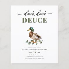 a duck is sitting on top of some leaves in front of a white card with the words, duck and deuce