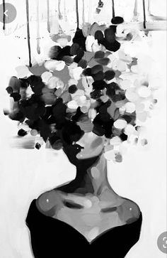 a black and white painting of a woman's head with flowers in her hair