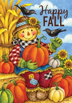 a happy fall garden flag with scarecrows and pumpkins