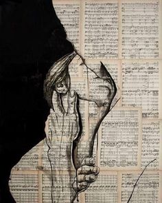 a drawing of a person holding their head in front of a wall covered with sheet music