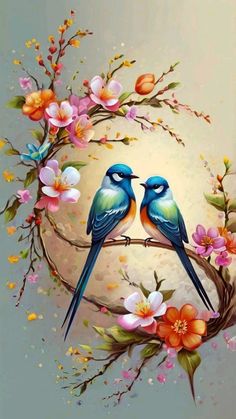 two birds sitting on a branch with flowers