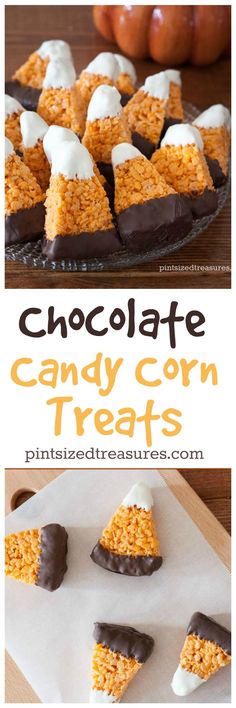 chocolate candy corn treats with marshmallows on top and in the background, there is