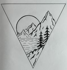 a black and white drawing of mountains with trees