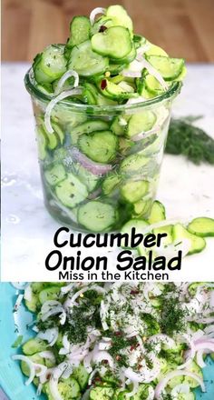 cucumber onions salad in a glass bowl and on a blue plate