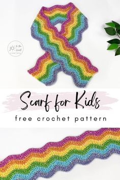 the crochet scarf for kids is made with yarn and has a rainbow pattern on it